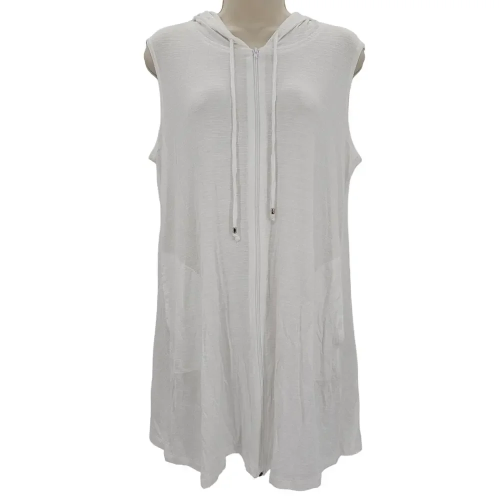 J Valdi Woman size M Kira Slub Sleeveless Full Zip Dress Swim Cover Up White NEW